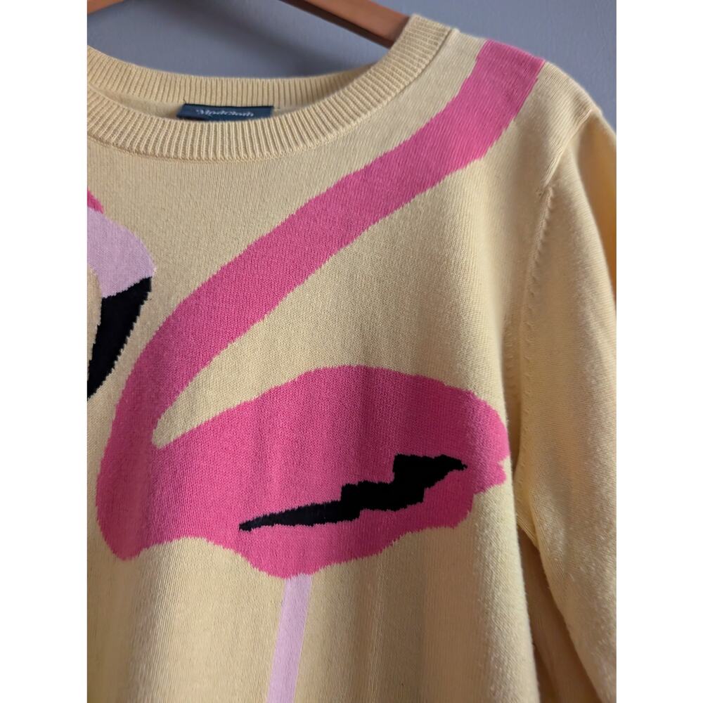 ModCloth Yellow Flamingo Knit Sweater XL Retro Whimsical Intarsia 3/4 Sleeve - Picture 6 of 15